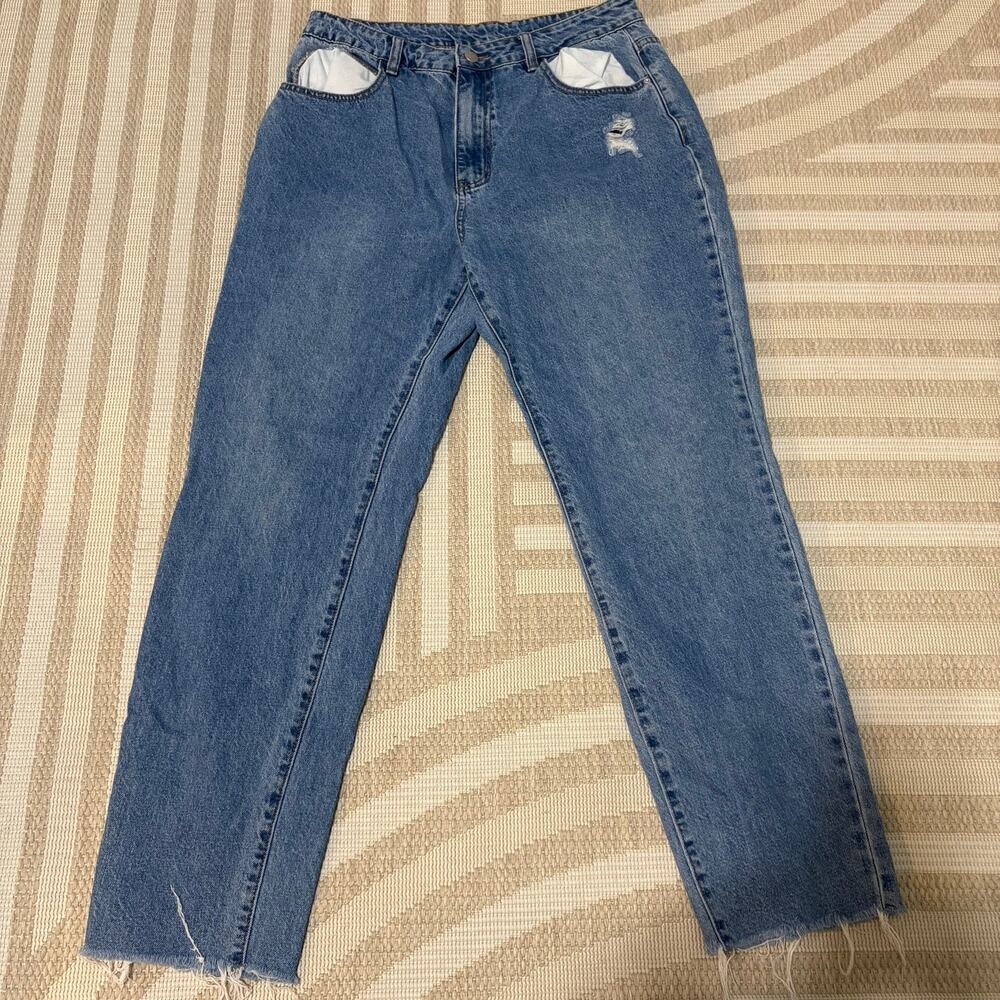 Women's Wide Leg High Rise Denim Blue Shein Jeans Size Large Western Boho